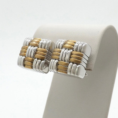 Massive 18k Gold Korbgeflecht Quadrat Ohrringe Omega Clip 750 Italien Bicolor Neu