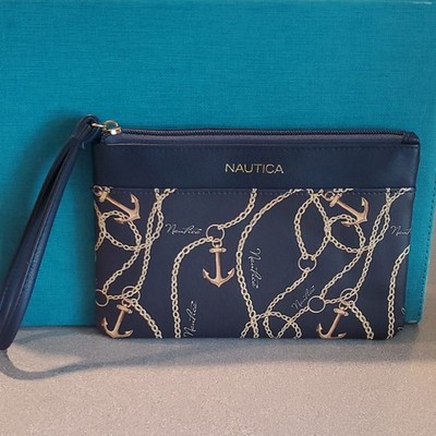Nautica Women s Navy/Gold Anchor Nautical Wristlet Wallet Zip w/ Wrist Strap