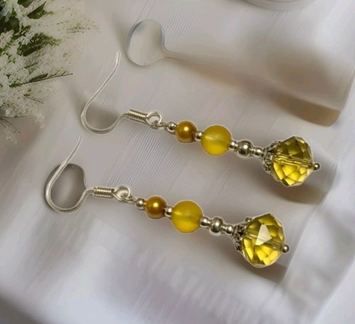 Vintage Style Yellow Crystal & Glass Earrings In Silver Plate. Drop Dangle - Picture 2 of 7