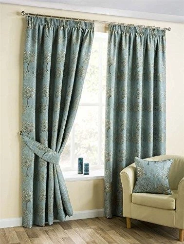 Duck Egg Blue Pencil Pleat Linen Curtains Pair 46x90" Floral Tapestry Design