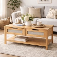 Oak Coffee Table Solid Wood Living Room With Rattan Drawers Shelf Rustic Style