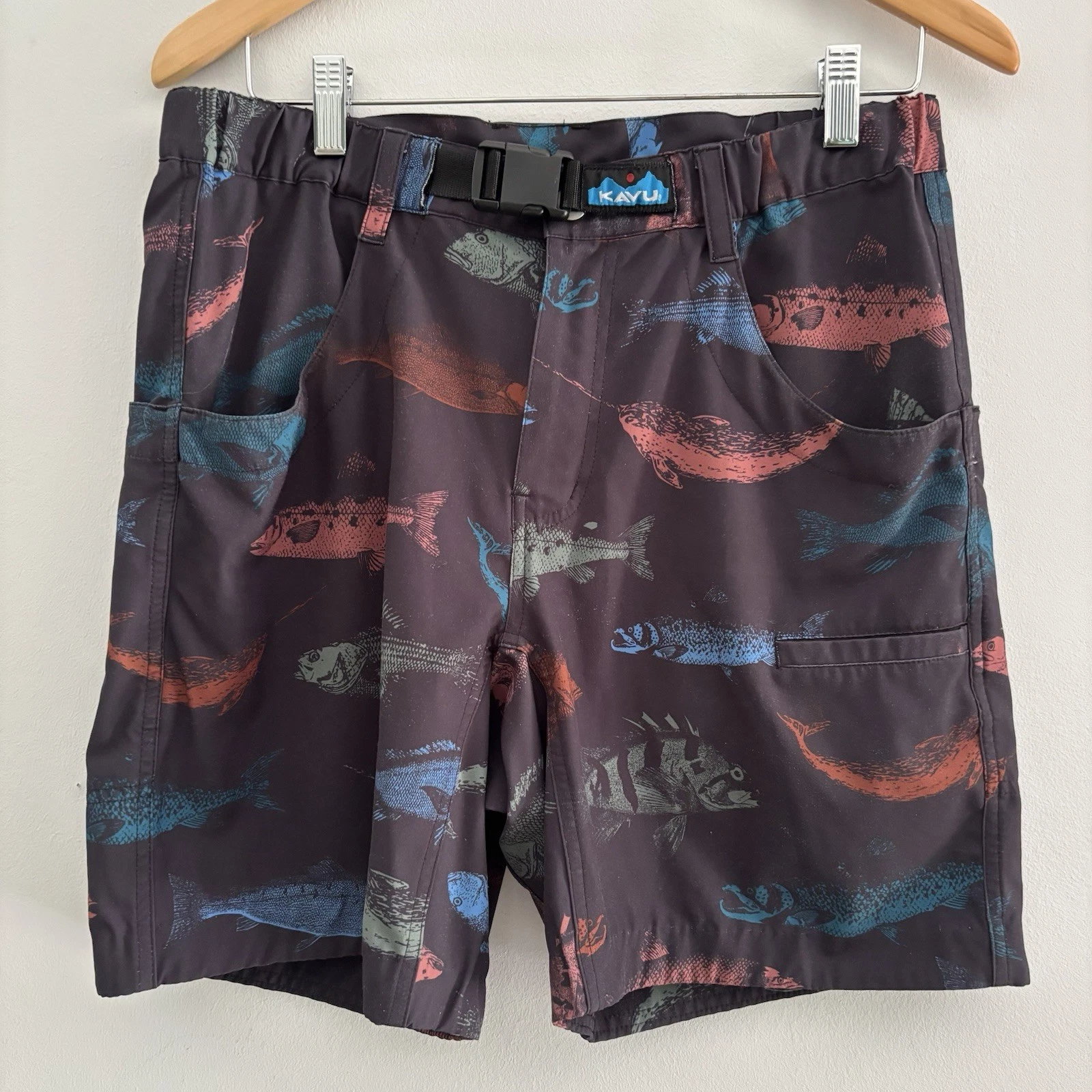 Kavu Shorts Mens Small Belted Outdoor Fish Hiking Trail Casual Summer Quick Dry