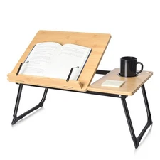 Book Stand for Reading in Bed, Bamboo Laptop Stand Adjustable Book Holder Tra...