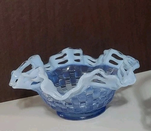 Fenton Vtg Decor Cobalt to Opalescent Glass Bowl Ruffle Lace Trim Basket Weave