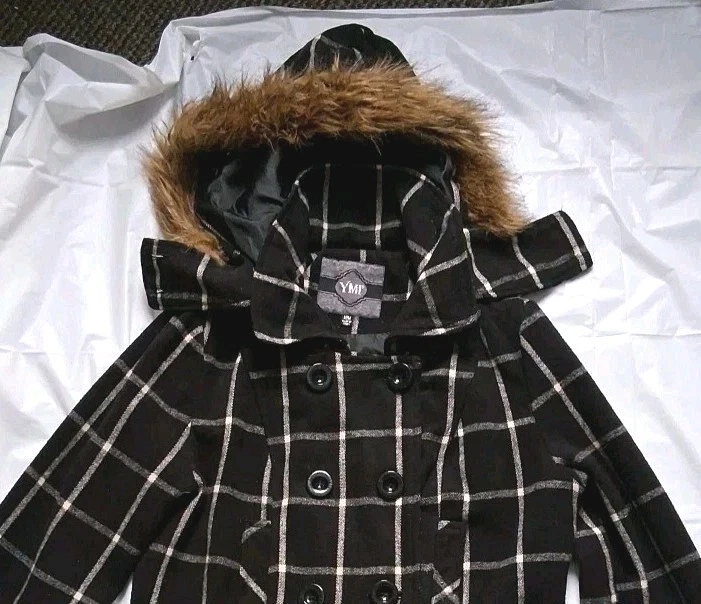 YMI Sz M Womens Brown Plaid Check Faux Fur Hooded Coat Jacket Winter Heavy Coat - Image 4 of 4