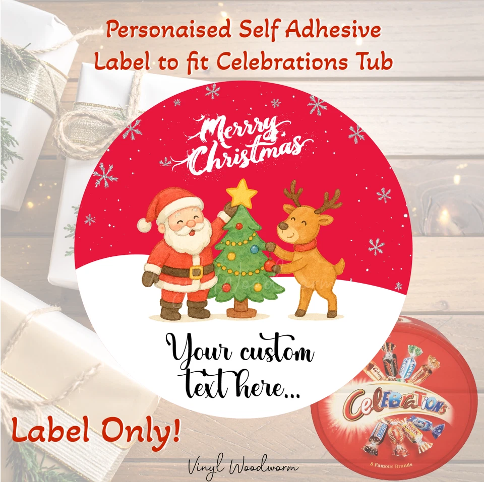 VINYL WOODWORM Personalised Christmas Chocolate Tub Label Sticker for CELEBRATIONS custom gift