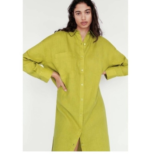 Zara Linen Lime Green Oversized Button Up Shirt Dress NWT Coverup Duster LARGE - Picture 3 of 6