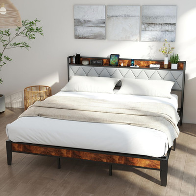 Stylish King Bed Frame with Storage Headboard & Charging Station - Grey/Brown