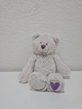Demdaco Bear Soft Plush Stuffed Animal Lovey Light Grey Purple Heart June 9in