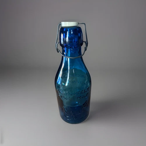Blue Thatcher's Dairy Blue Glass Absolutely Pure Milk Bottle Embossed VTG 10"