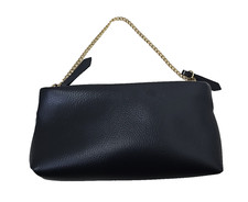 Vintage Clutch Handbag w/ Gold Tone Chain Handle Faux Black Leather Pebbled Zip