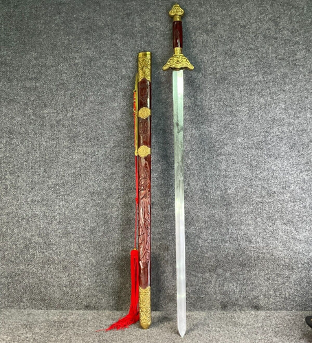 Antique Chinese Wooden Sword Scabbard with Dragon Carving and Red Tassels