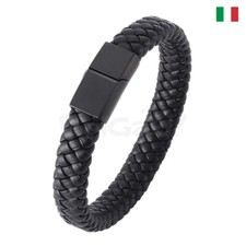 Braccialetto di Cuoio Intrecciato Nero Vintage Chiusura Magnetica (185 mm)