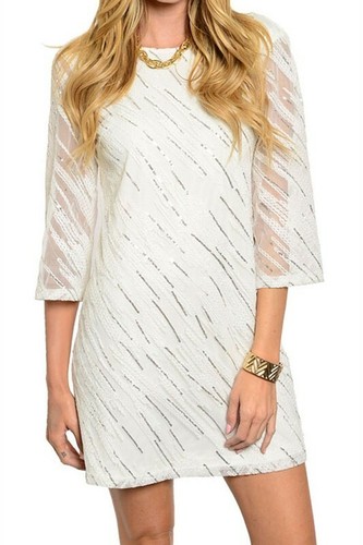 NWT Ark & Co Women's White Sequin Party Dress with Lace Sleeve - Picture 2 of 4