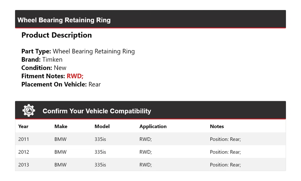 Anillo de retención de cojinete de rueda trasero Timken 2012 para BMW 335is 2011-2013 tracción trasera Foto 2 de 4