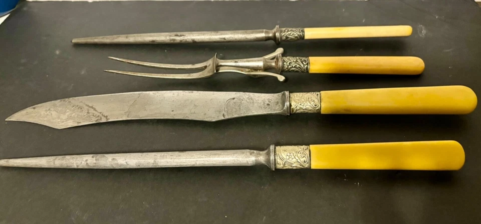 Antiguo juego de talla de 4 piezas de manijas de baquelita de 1800 y banda de ley Foto 3 de 4