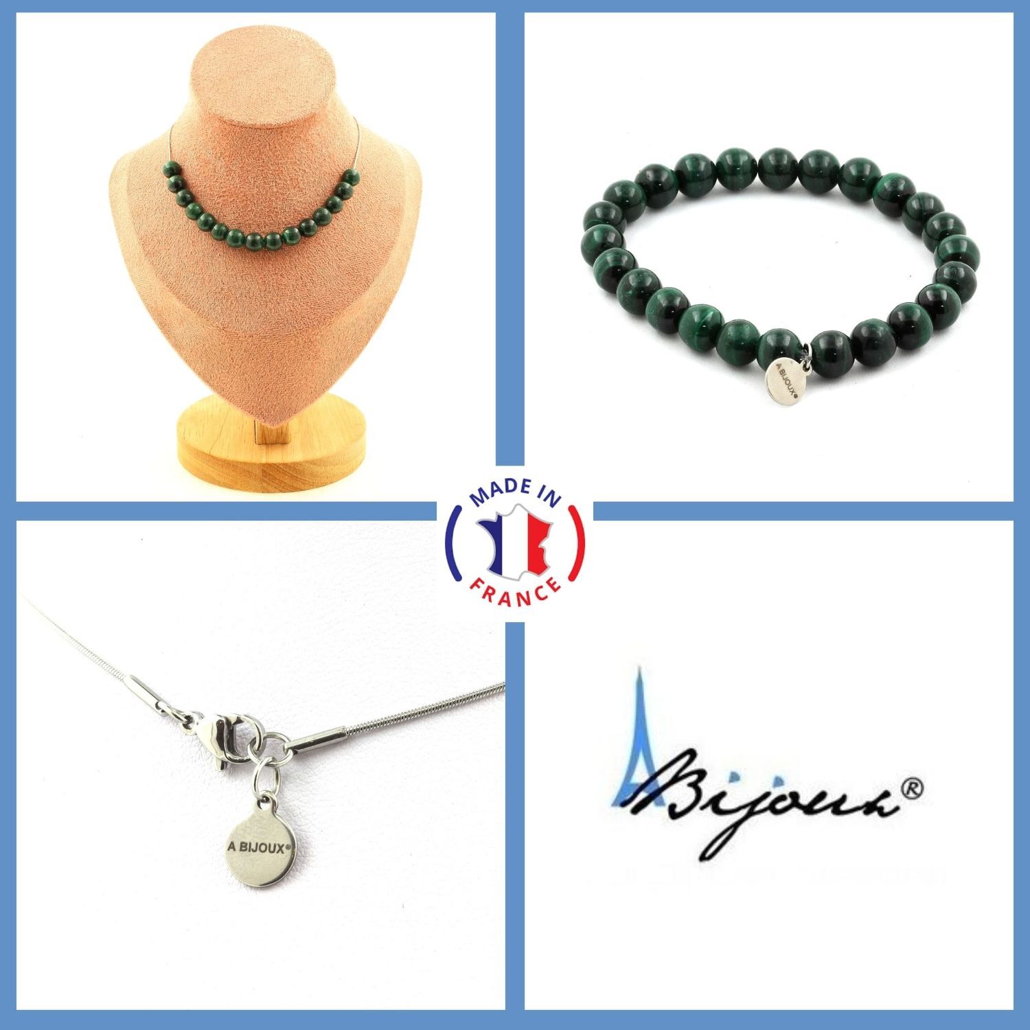 Bracelet et Collier Malachite du Congo, Parure Bijoux en Perles Nobles