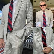 Seersucker Men's Suits 2Pcs Summer Formal Business Office Wedding Groom Tuxedos