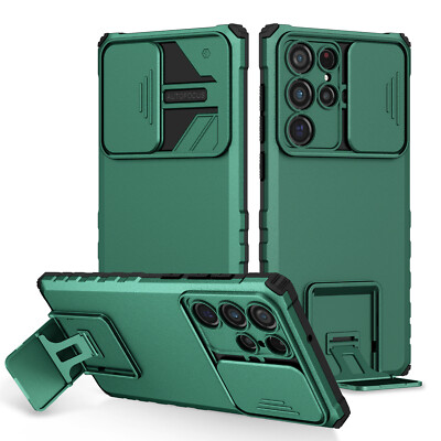 For Samsung Galaxy S24 Ultra S23 S22 Rugged Stand Case with Slide Camera Cover