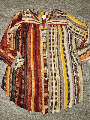 Fig And Flower Shirt Womens 1X Striped Button Rolltab Sleeve Boho Aztec Sheer