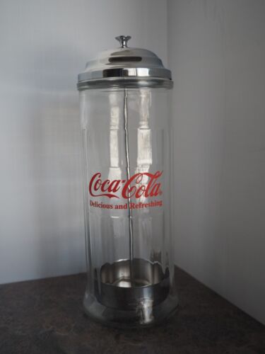 Coca-Cola Vintage Diner-Style Glass & Chrome Straw Dispenser/Holder 1992 Coke - Picture 1 of 4