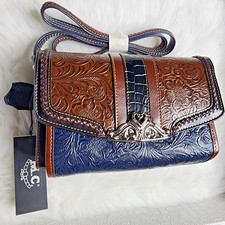 Mc Marc Chantal Navy And Brown Tooled Leather Crossbody Bag