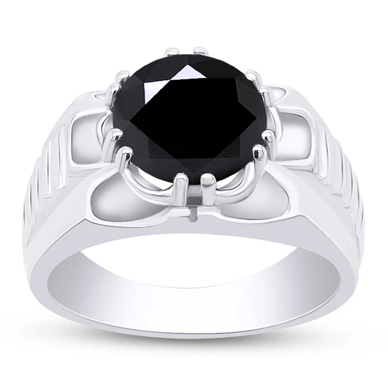 Anillo solitario redondo de 7 quilates para hombre diamante simulado negro chapado en oro blanco de 14 quilates