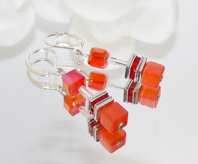 Ohrhänger Ohrringe Würfel Cat Eye hellrot Kristall Glas rot Strass farbig  507c