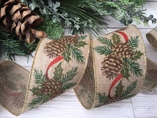 Christmas Wire Edged Hessian Pine Cone Ribbon Craft Tree Decorations 6m X 63mm.