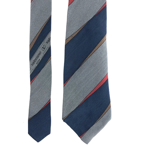 Valentino Italy Tie Monogram Logo Blue Gray Red Stripe Necktie One Size