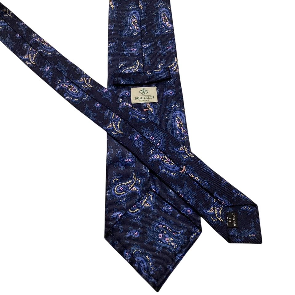 Corbata para hombre LUIGI BORRELLI NAPOLI 100 % seda ITALIA lujo PAISLEY azul/rosa usada en excelente estado Foto 3 de 3