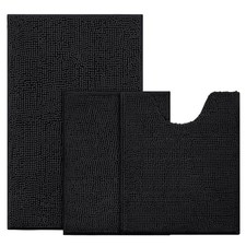 3-Piece Black Non-Slip Chenille Bathroom Rug Set Extra Absorbent Washable