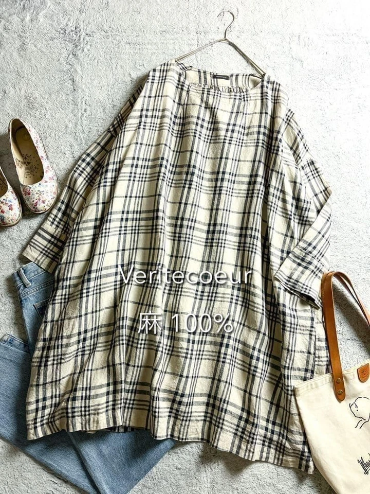 Robe maxi évasée à carreaux Veritecoeur 100 % lin gris manches longues - Photo 1/4