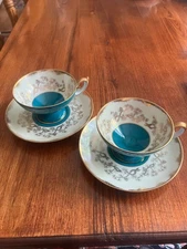 Vintage Pair Del Mar Tea Cups & Saucers, Japan hand painted 24K gold