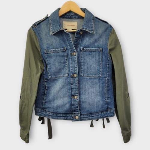 Pilcro Anthropologie Denim Jean Jacket Small Blue Army Green Roll Tab Sleeves