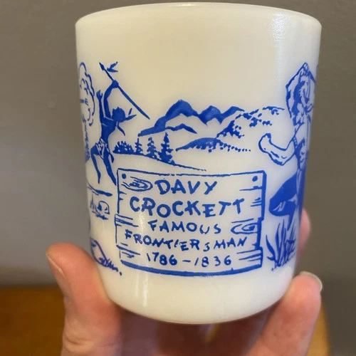Hazel Atlas Davy Crockett Child's Mug - Milk Glass Blue Design Vintage