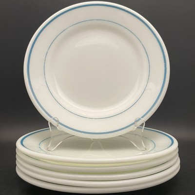 Pyrex Tableware by Corning 6 Piece Blue Band 703 Dinner Plates c1950s USA 9''dia
