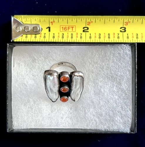 Vintage pearl and coral Sterling 925 silver ring, unique artisan style