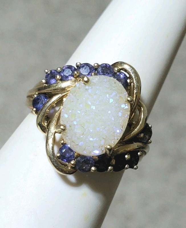 Vintage 10kt Gold, Druzy & Gemstones Ring (4.5g). Signed HN, Size 7 (OGJ2396)