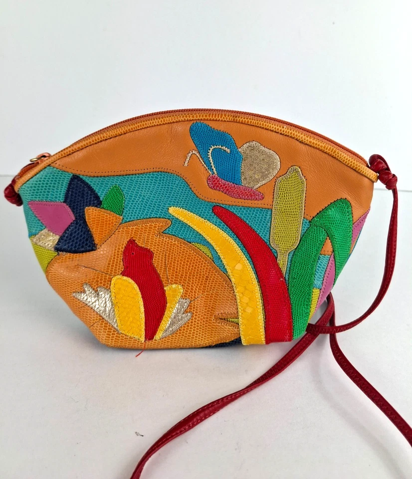 VTG 80s Sharif Shoulder Handbag Crossbody Patchwork Purse Butterfly Frog River - Image 3 of 4