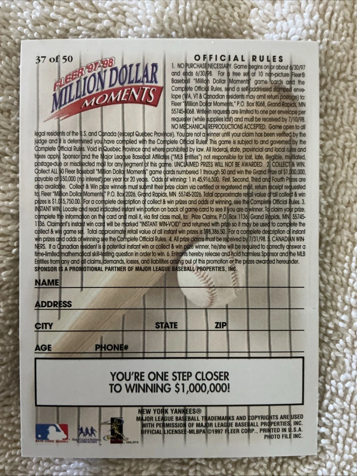 1997 Fleer Million Dollar Moments #37 Chris Chambliss 1976 NY Yankees - Image 2 of 2