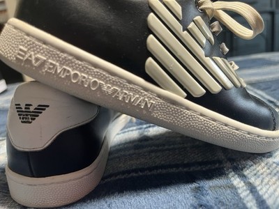 EMPORIO ARMANI Black Leather White Eagle Low SNEAKERS - Child 11.5