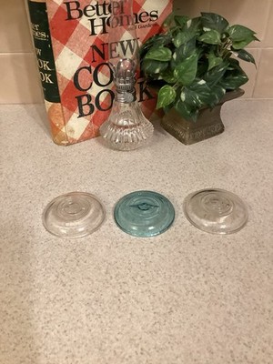 Set Of 3 VTG 3  Glass Bail Wire Canning Jar Lids Aqua Clear Lightning Mason Ball