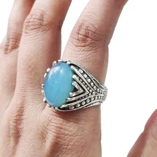BLUE CHALCEDONY BIRTHSTONE 925 STERLING SILVER OXIDIZED ARABIC DESIGN MANS RING