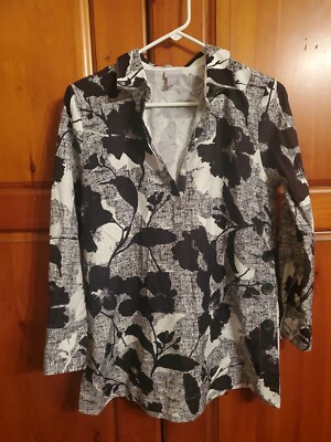 Chico's Size 00P Tunic Button Down Sides Long Sleeves Black/White