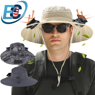 Outdoor Wide Brim Sun Hat with 2 Solar Fan UV Protection Hiking Camping Fishing