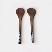 Offering African Horn Handle Carved Wooden Salad Serving Fork and Spoon
