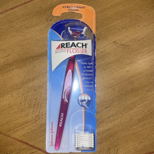 (1) Reach Access Flosser with 8 Snap On Floss Heads Pink New Box Damaged