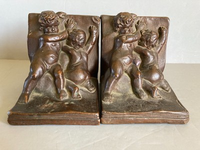 Pair Antique KBW Bronze Bookends Cherub Putti Holding Up Book Vintage Circa 1900