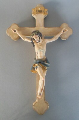 Wandkreuz Kruzifix Holzbalken 33 cm lang Corpus Polyresin Bemalung Farbfehler N1
